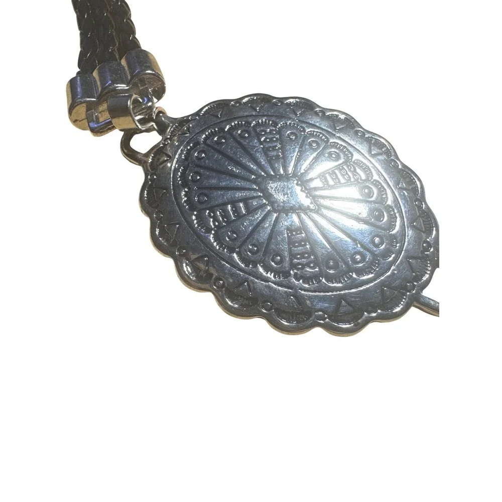 Womens Western Silver Tone Metal Conchos Black Cord Adjustable Chain Belt EUC